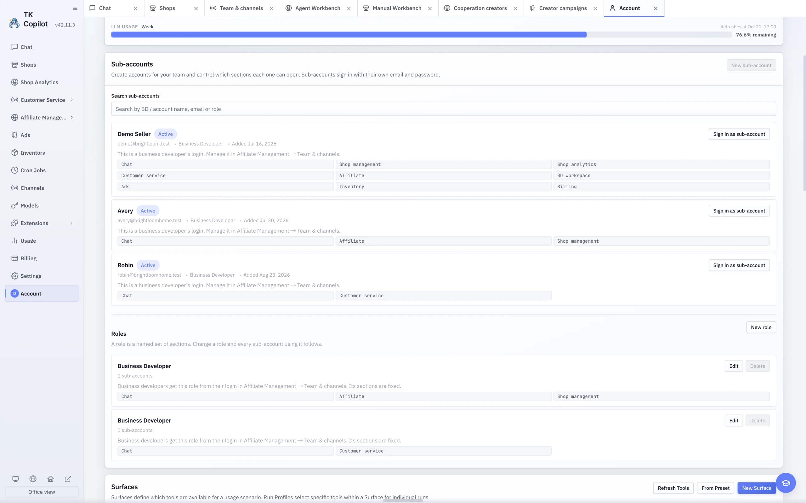 The English light-theme Sub-accounts panel with member search and Sign in as sub-account actions.