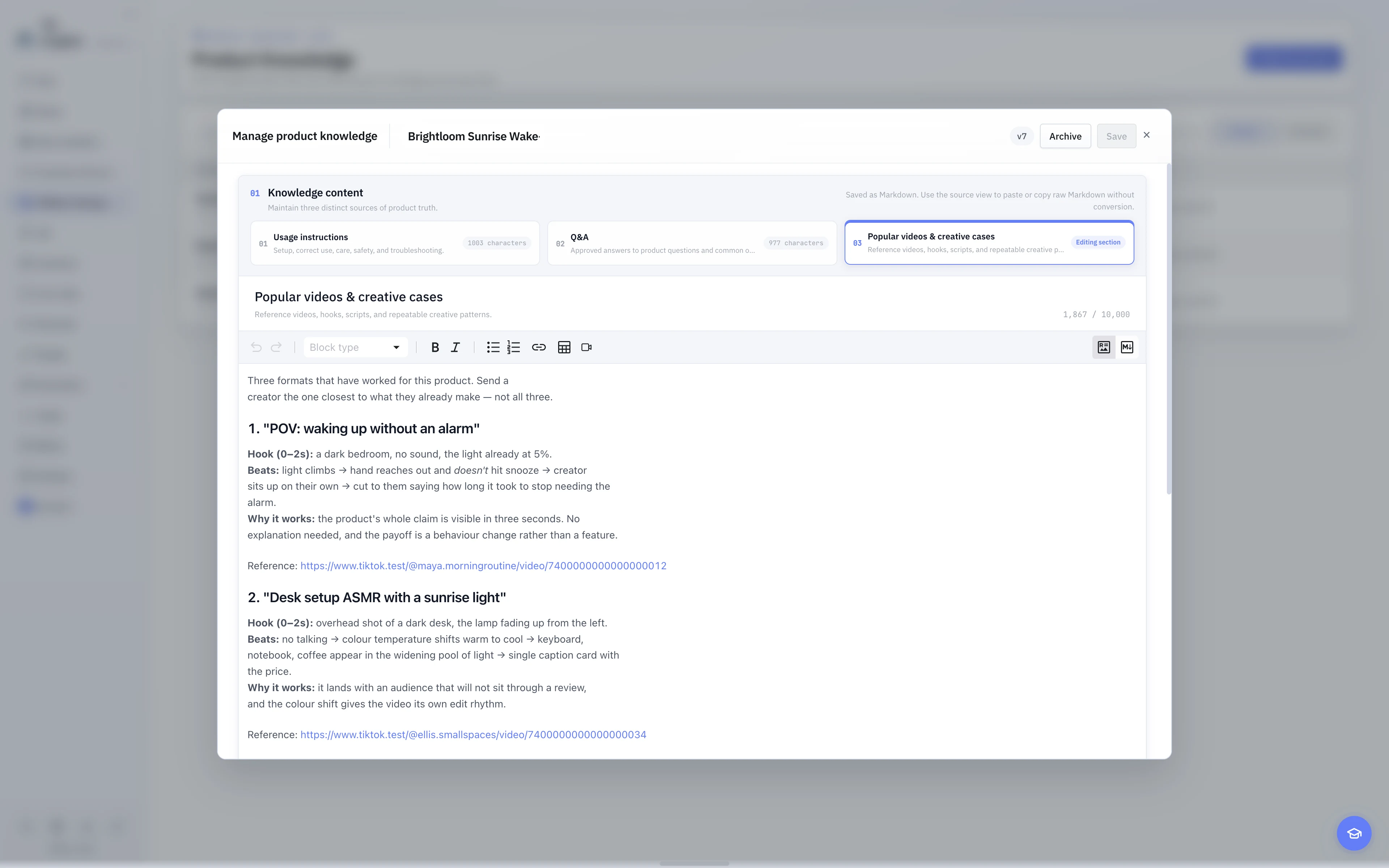 The English light-theme Creative Cases view in Product Knowledge. Cases organize creative direction, performance, and assets for reuse in Creator outreach and guidance.
