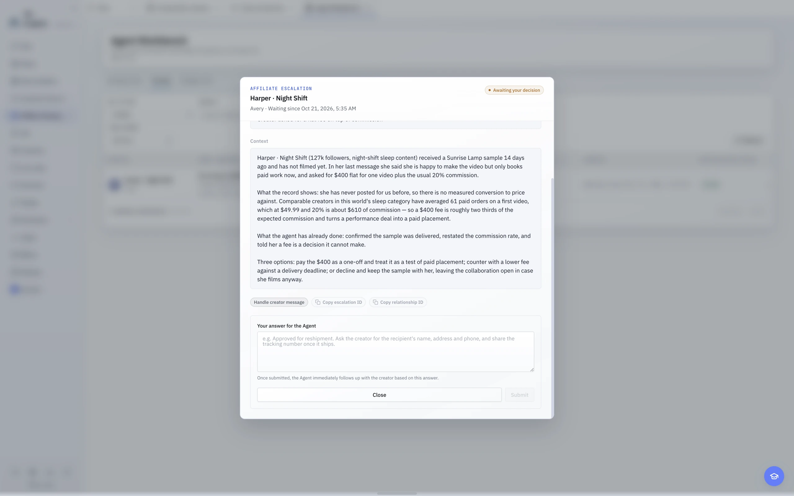 English light-theme Escalation detail with the Agent question, reason, context, and human answer.