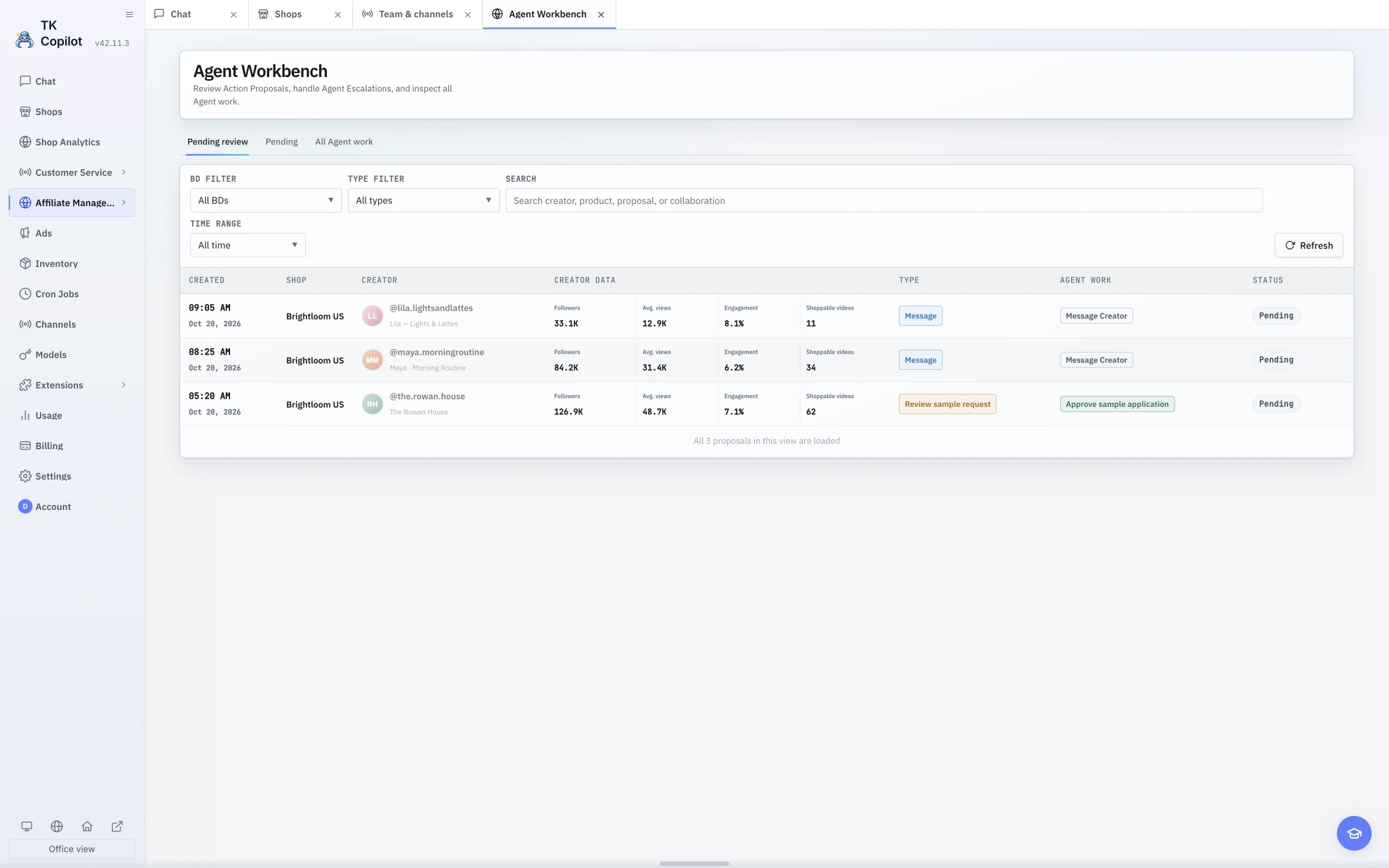 The English light-theme Agent Workbench with Pending review, Pending, and All Agent work.