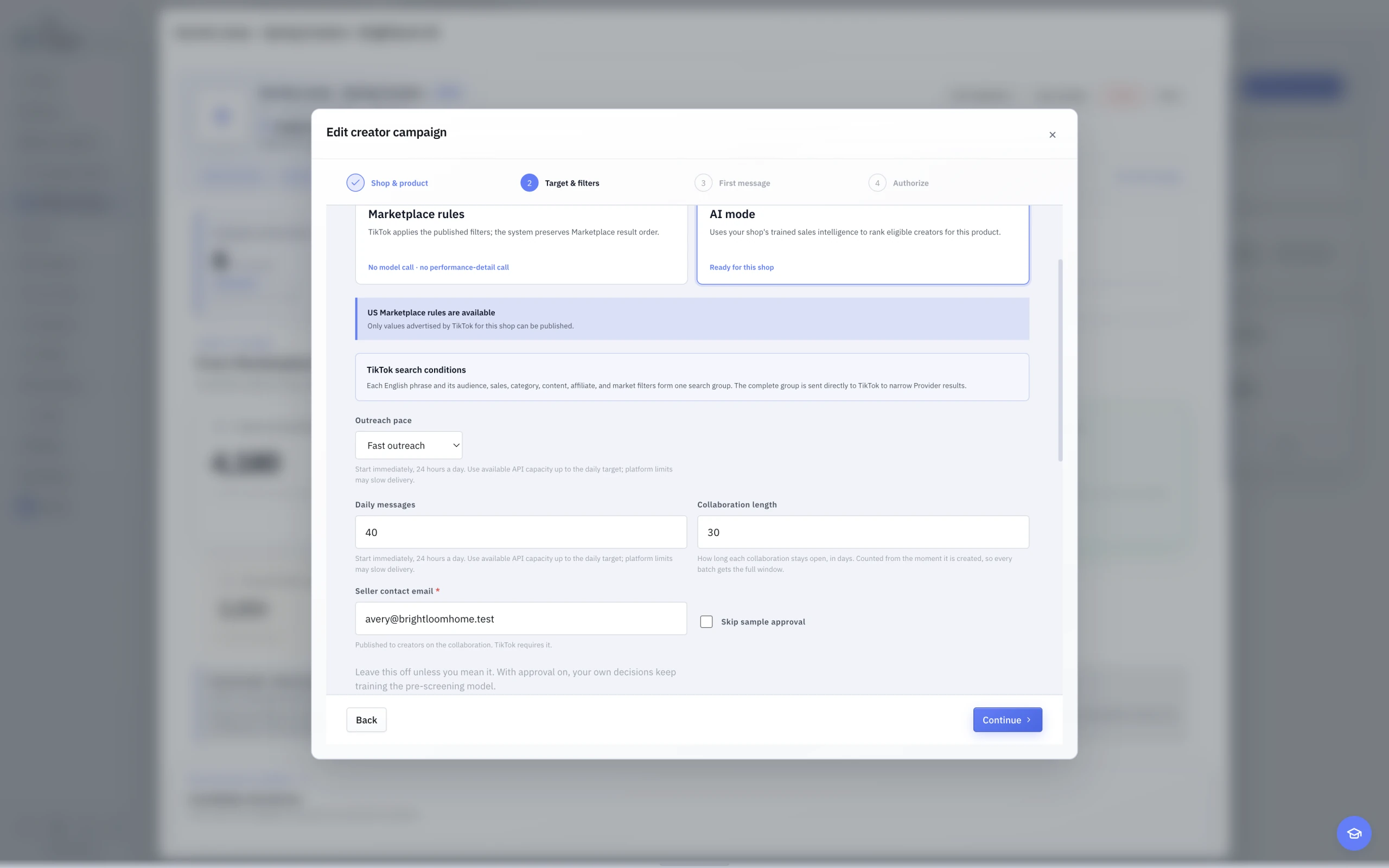 The English light-theme Campaign wizard with outreach pace and Campaign configuration controls.