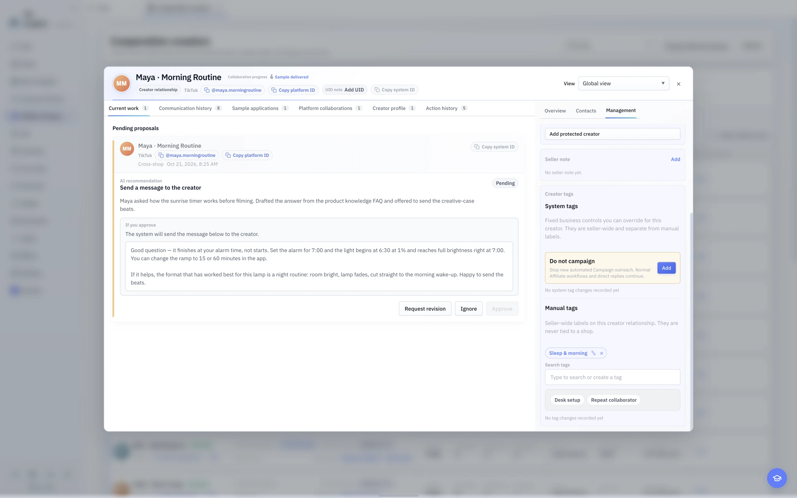 English light-theme Creator tag editor with separate manual and system tags.
