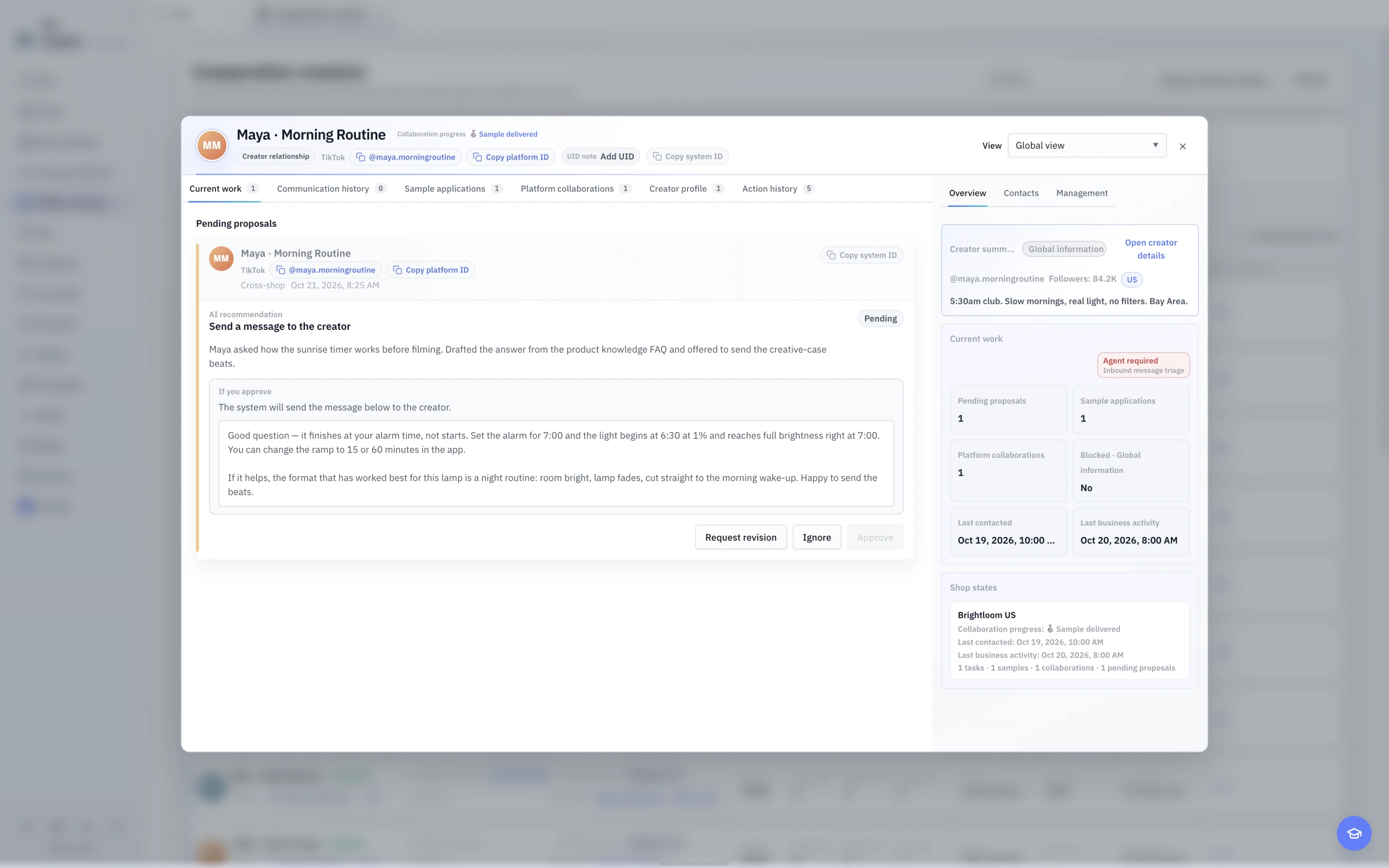 English light-theme Creator detail with six business tabs and a separate relationship inspector.