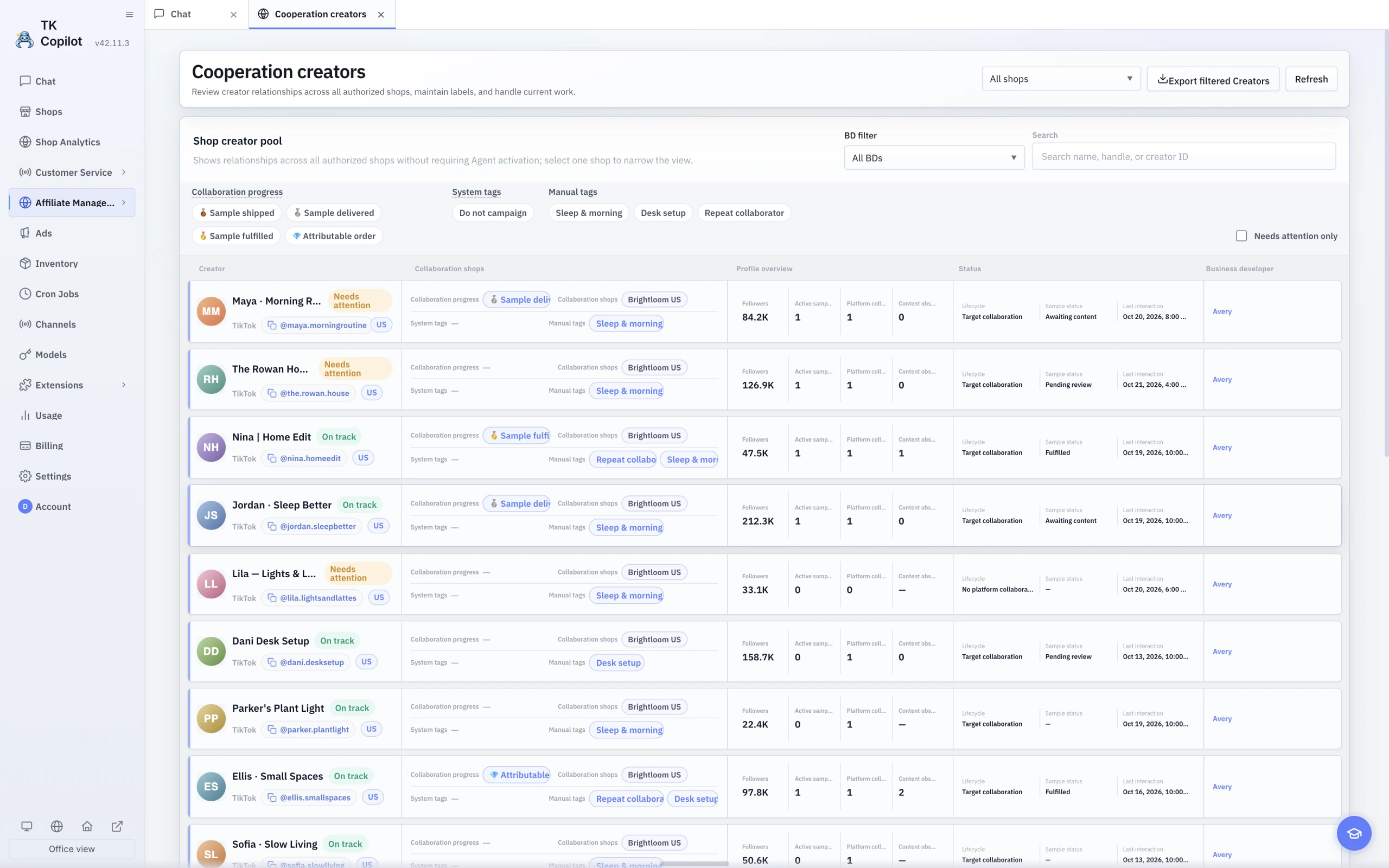 The English light-theme current Creators page with Public creators, owner filters, and cooperation progress.