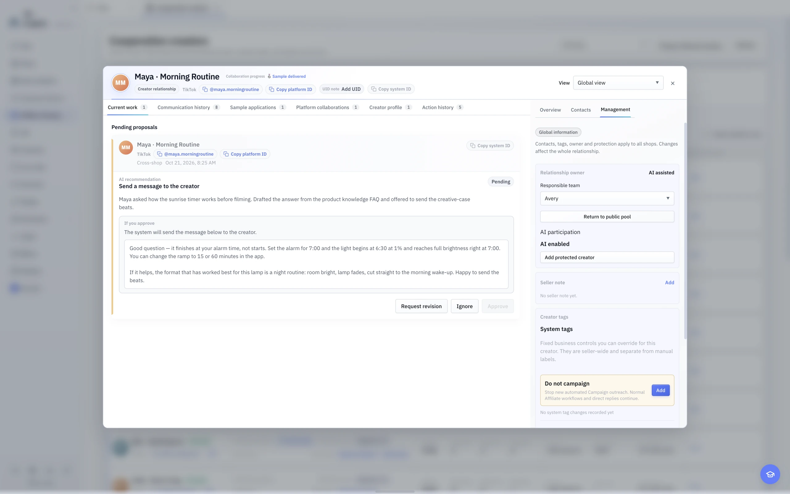 English light-theme Management with owner, AI protection, seller note, and tag editing.