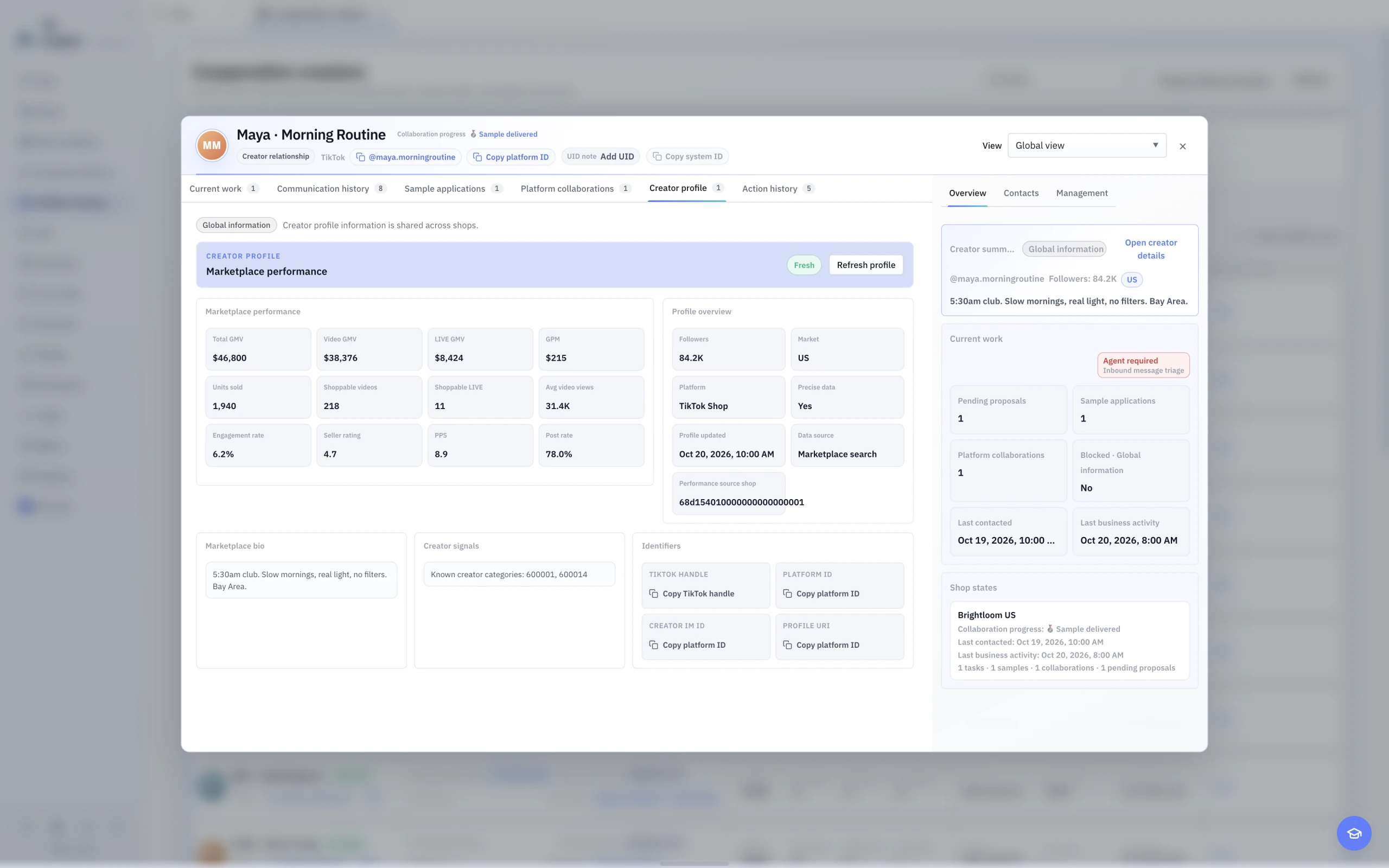 English light-theme Creator profile with performance, freshness, and source details.