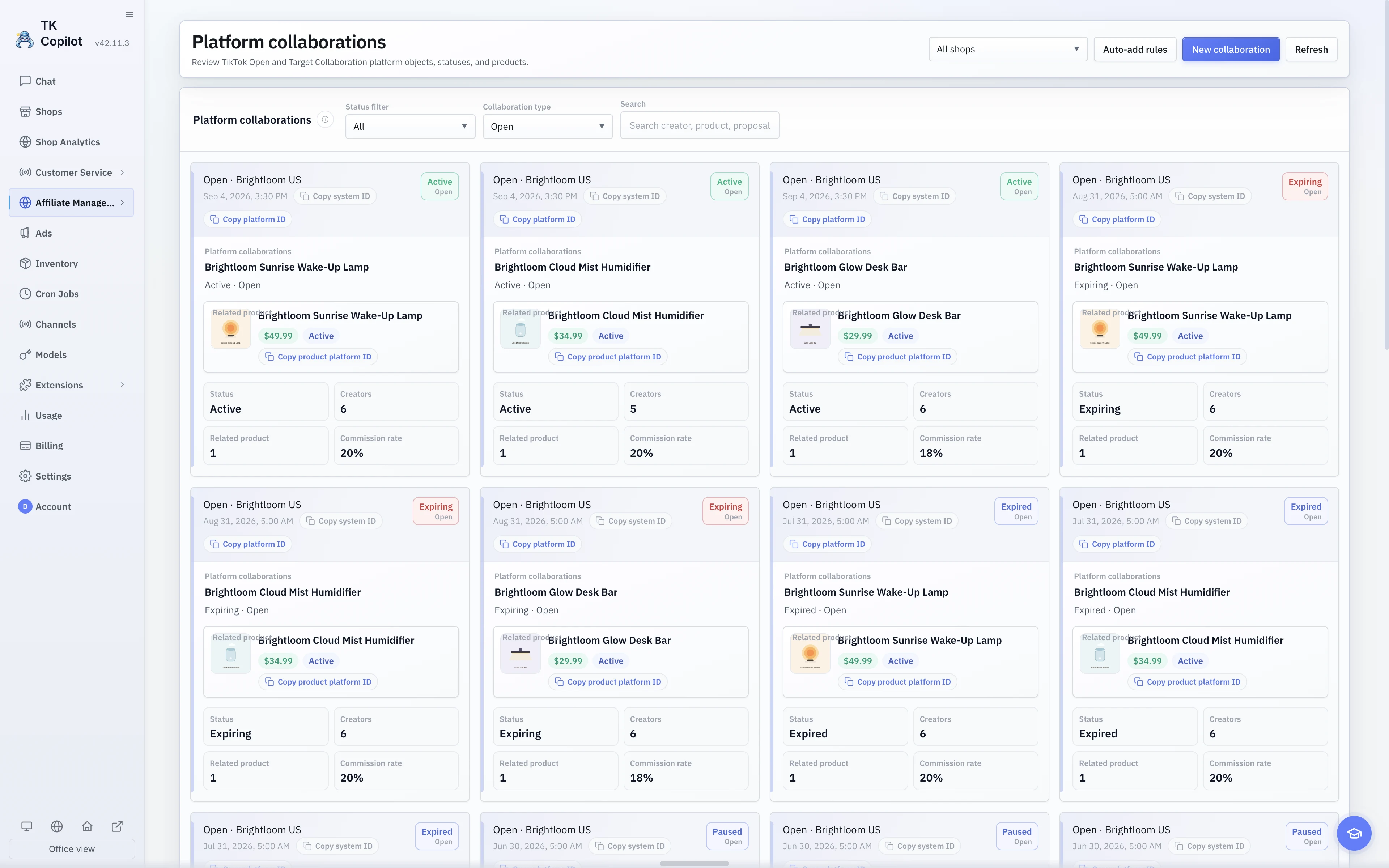 English light-theme platform Collaboration list with Shop, status, type, and records.