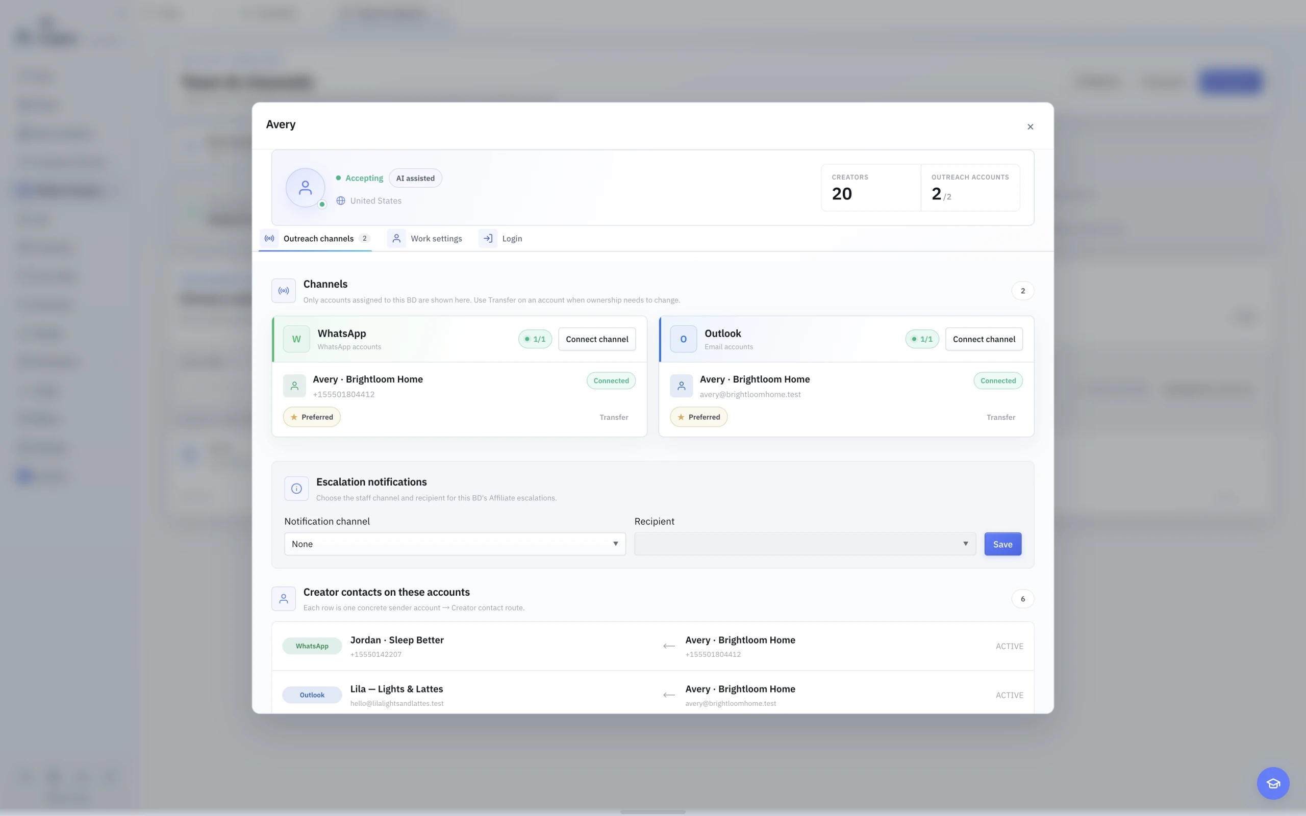 English light-theme BD contact channels with separate WhatsApp and Outlook accounts and preferred senders.