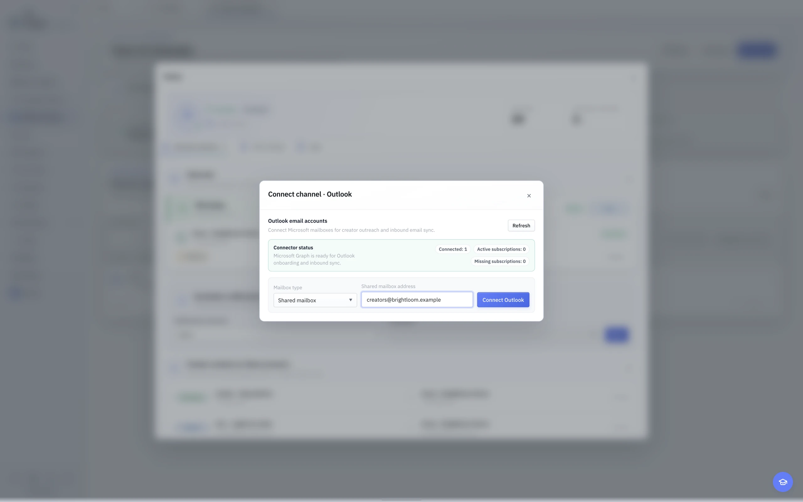 English light-theme shared mailbox onboarding with an address field.