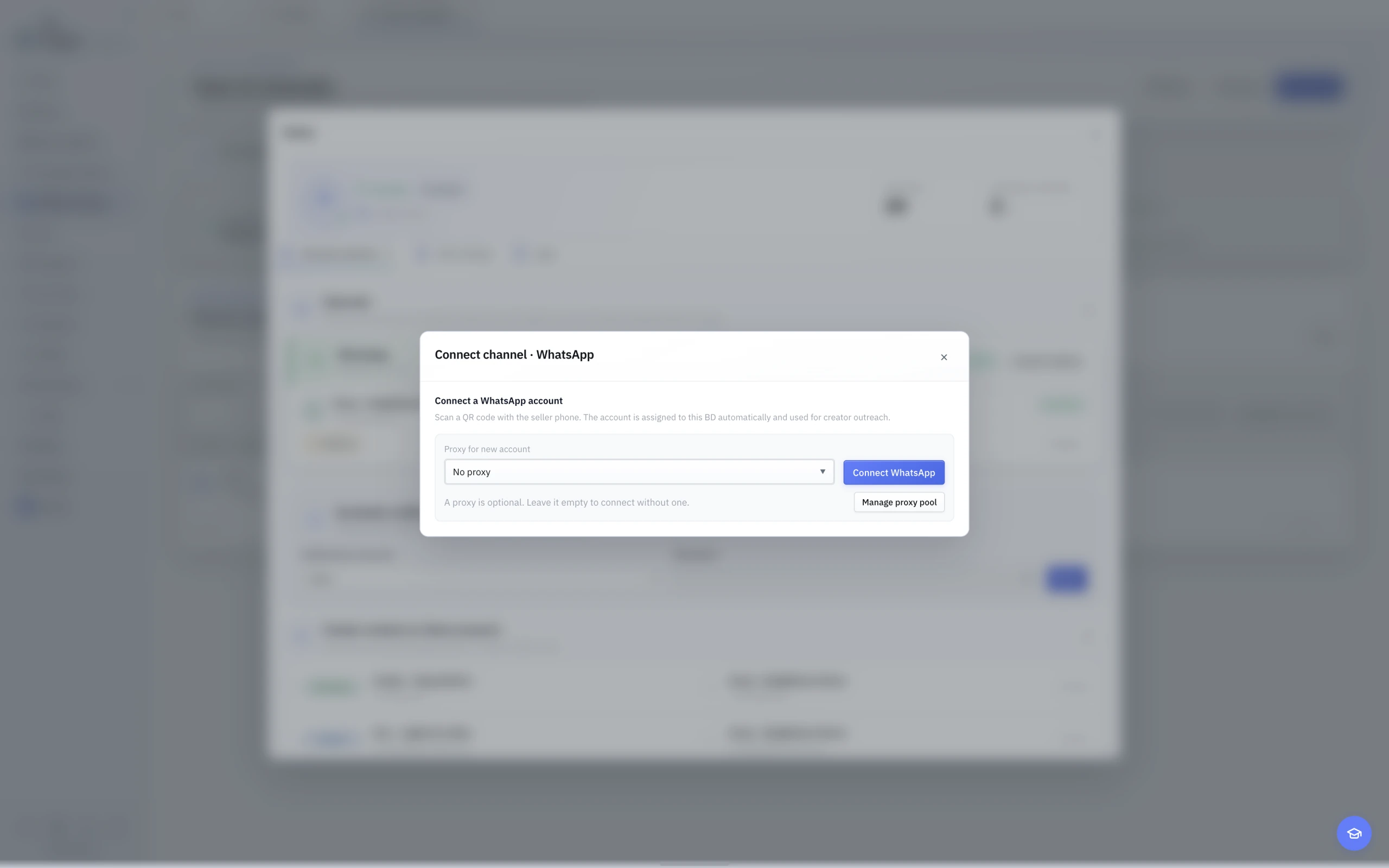 English light-theme WhatsApp connection window with optional proxy selection.