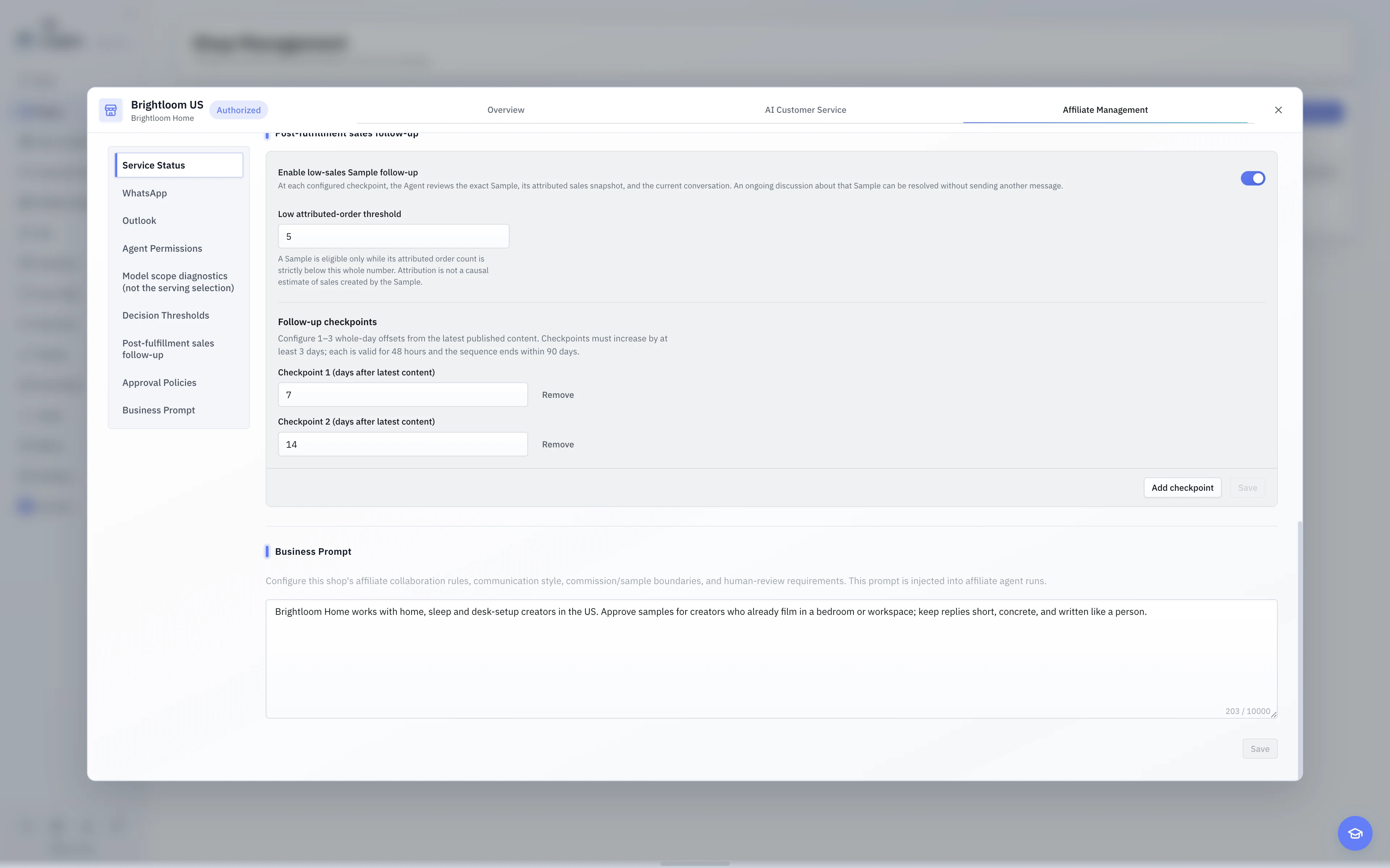 The English light-theme Affiliate settings, whose section navigation covers service status, Agent access, model diagnostics, decision thresholds, post-fulfillment follow-up, and Business Instructions.