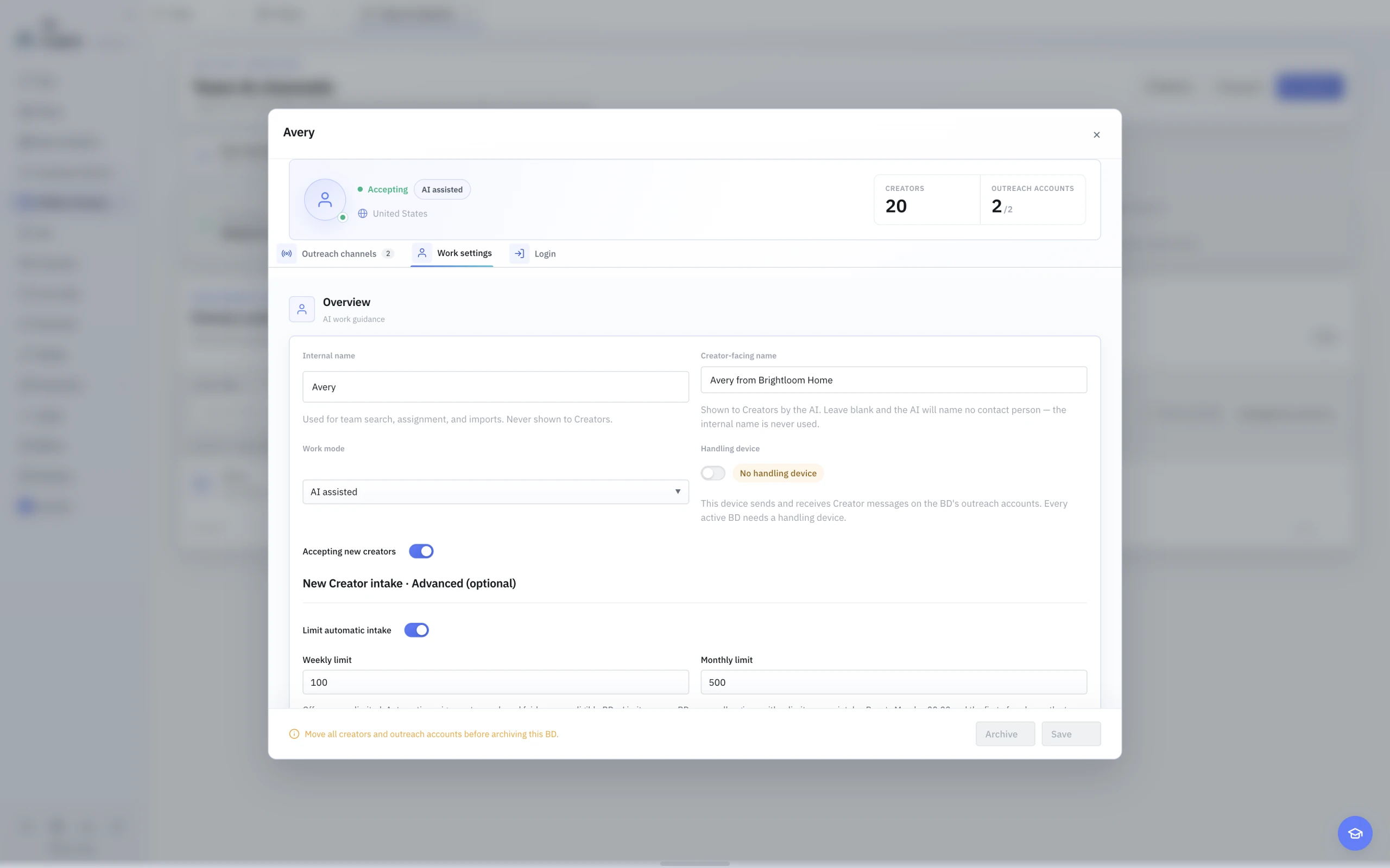 The English light-theme BD work settings with weekly and monthly automatic intake limits expanded, region selection, and the accepting switch.