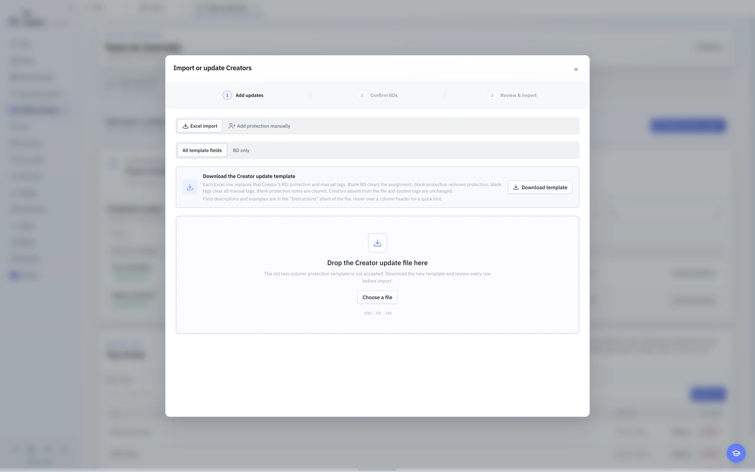The English light-theme Creator bulk update dialog with BD only and All template fields modes and the upload entry.