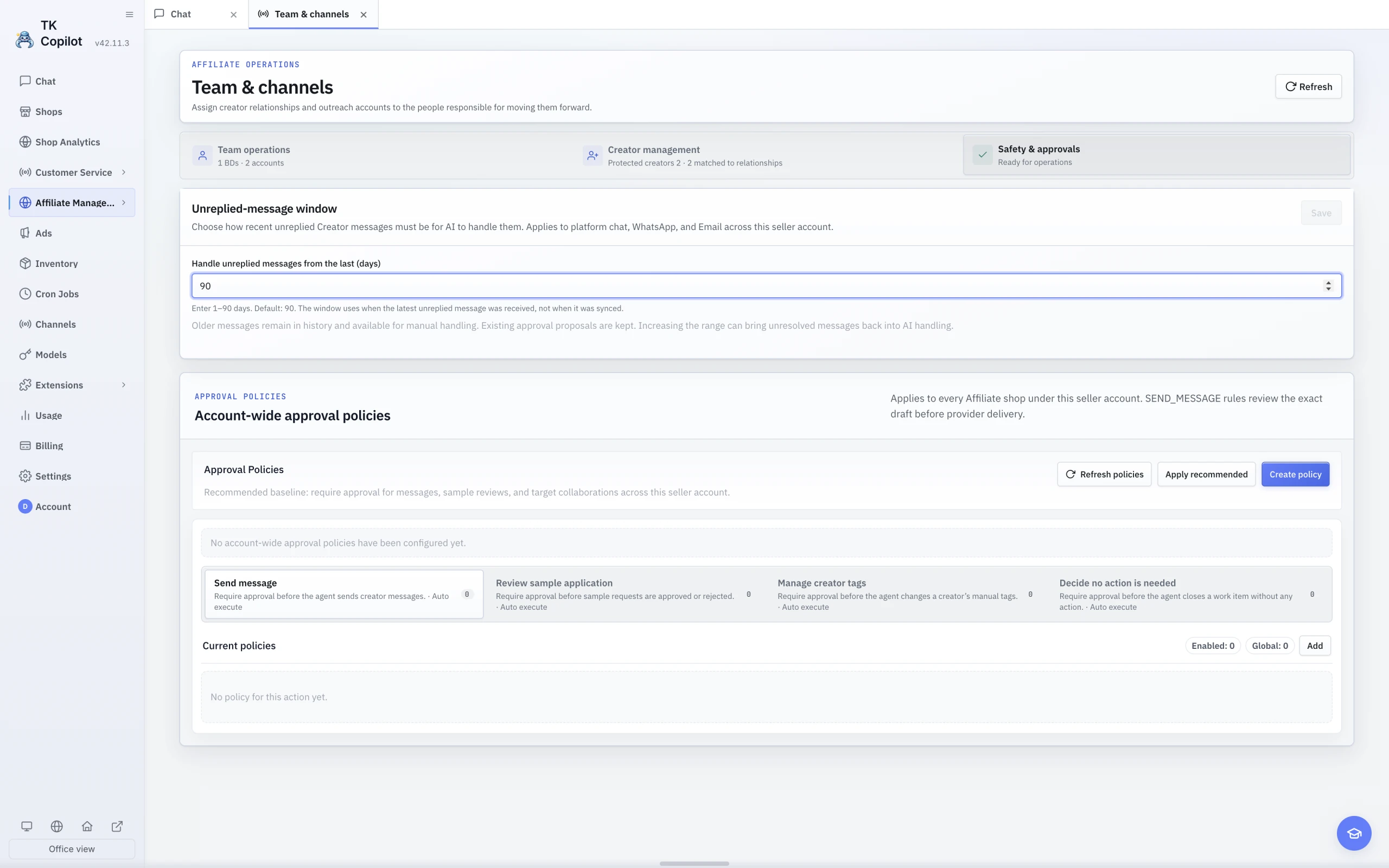 The English light-theme Affiliate Approval Policies page with message scope, account-level policies and the recommended-policy action.