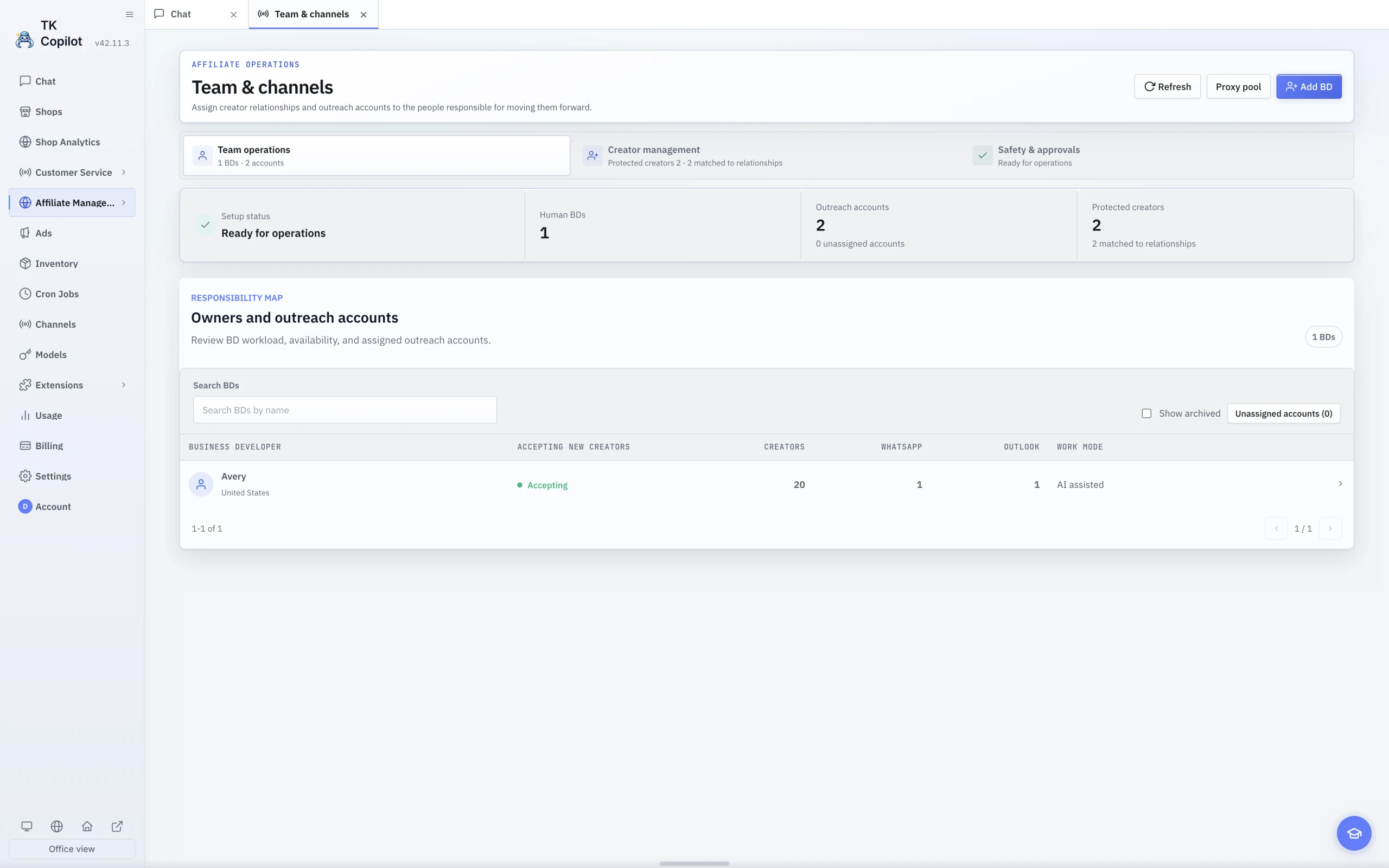 The English light-theme Affiliate Team page, showing responsible people and connected work accounts.