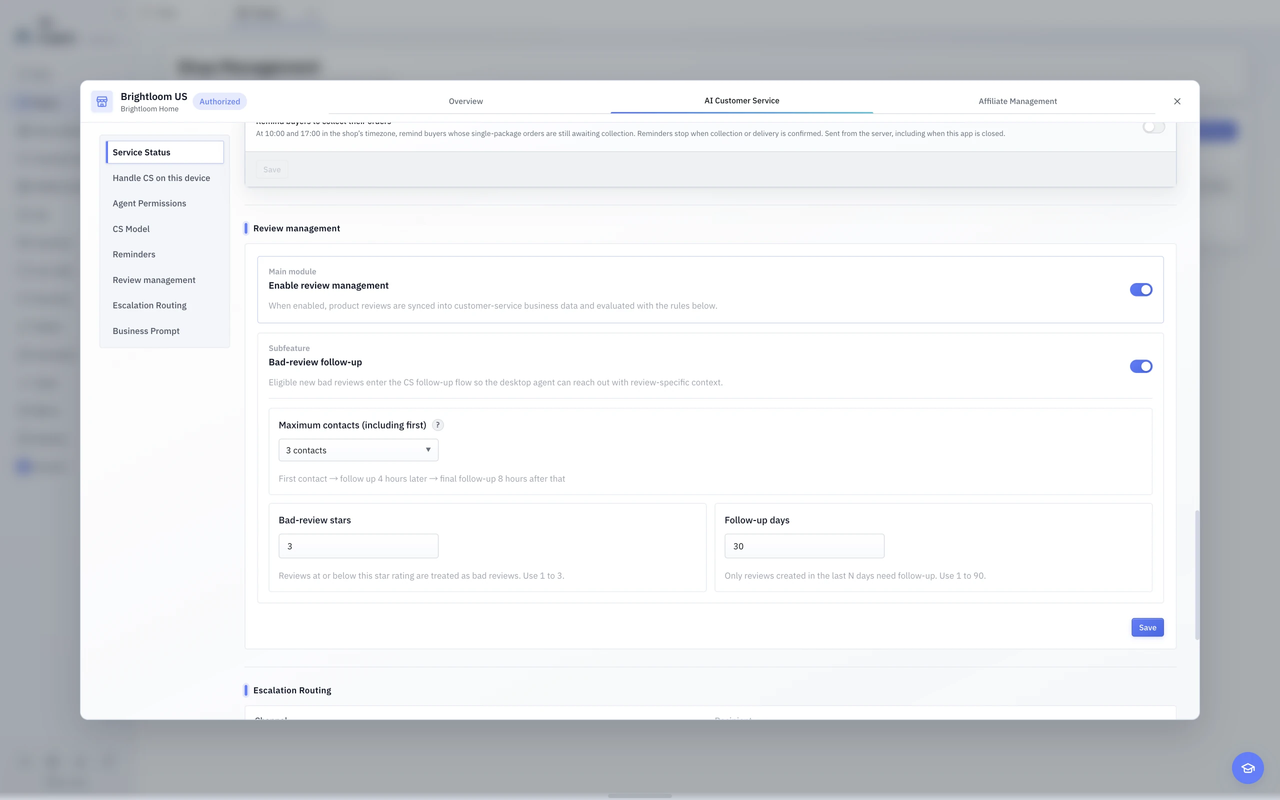 The English light-theme Review Management settings with review optimization, bad-review follow-up, rating, recent days, and maximum contact count.