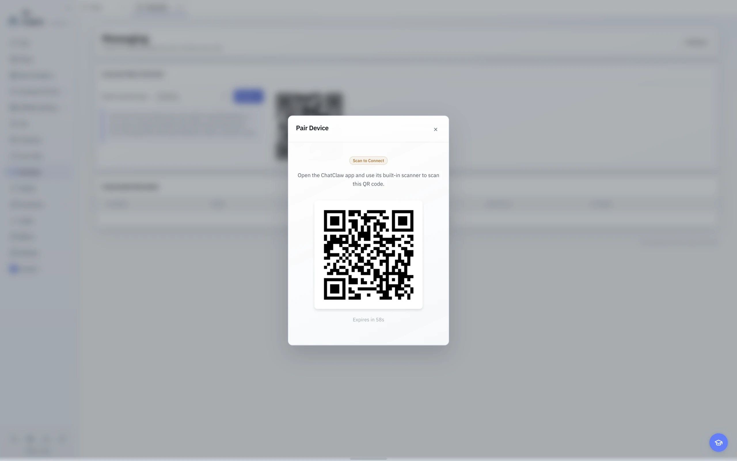 English light-theme mobile pairing window showing the Desktop pairing QR code and expiration countdown.